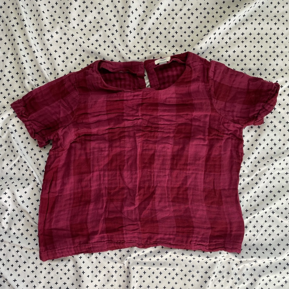 Checkered plaid magenta shirt sleeve cropped top